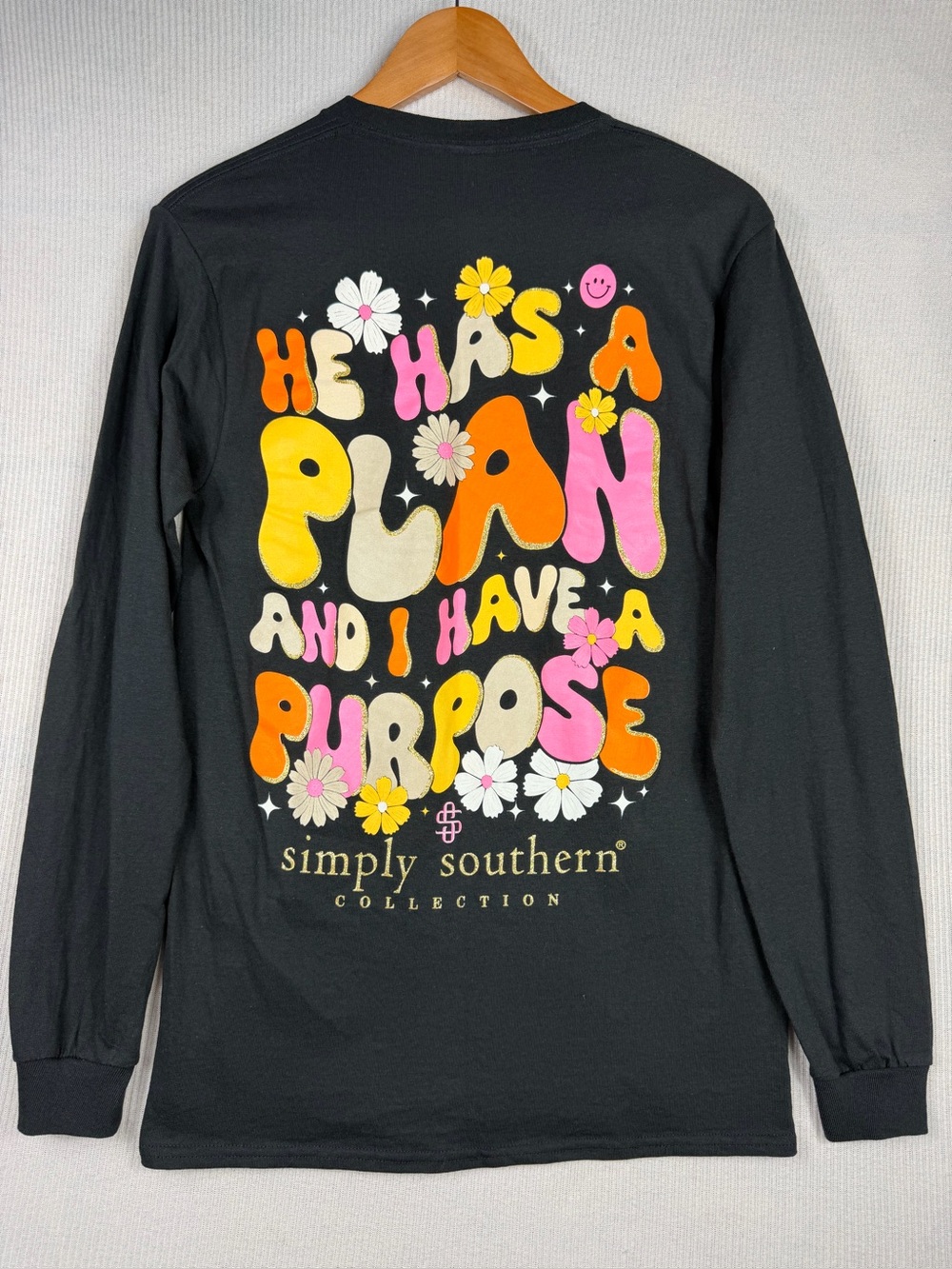 Simply Southern “He Has a Plan and I Have a Purpose” LS Graphic Tee Size S NWT